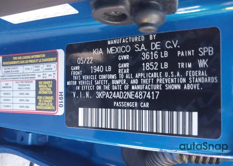 2022 Kia Rio S из США, поврежденный, VIN 3KPA24AD2NE487417